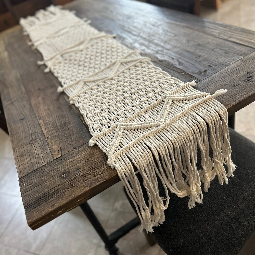 Vintage Handmade Ivory Macramé Table Runner / Wall Hanging Boho Cottagecore
